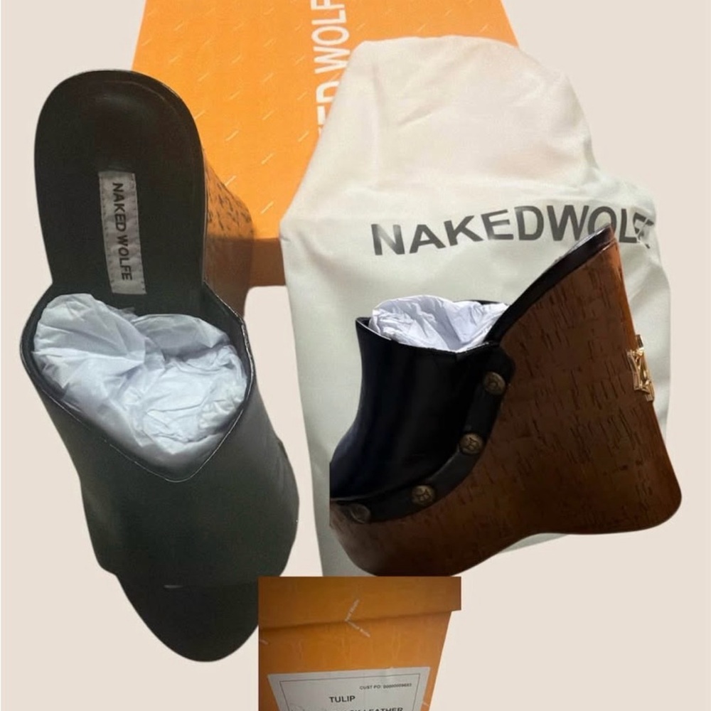 Naked Wolfe Black and Brown Wedge Mules